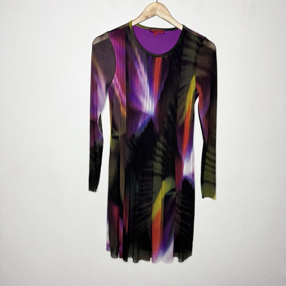 Vivienne Tam Y2K Mesh Long Sleeve Powernet Dress Purple Colorful Womens P XS